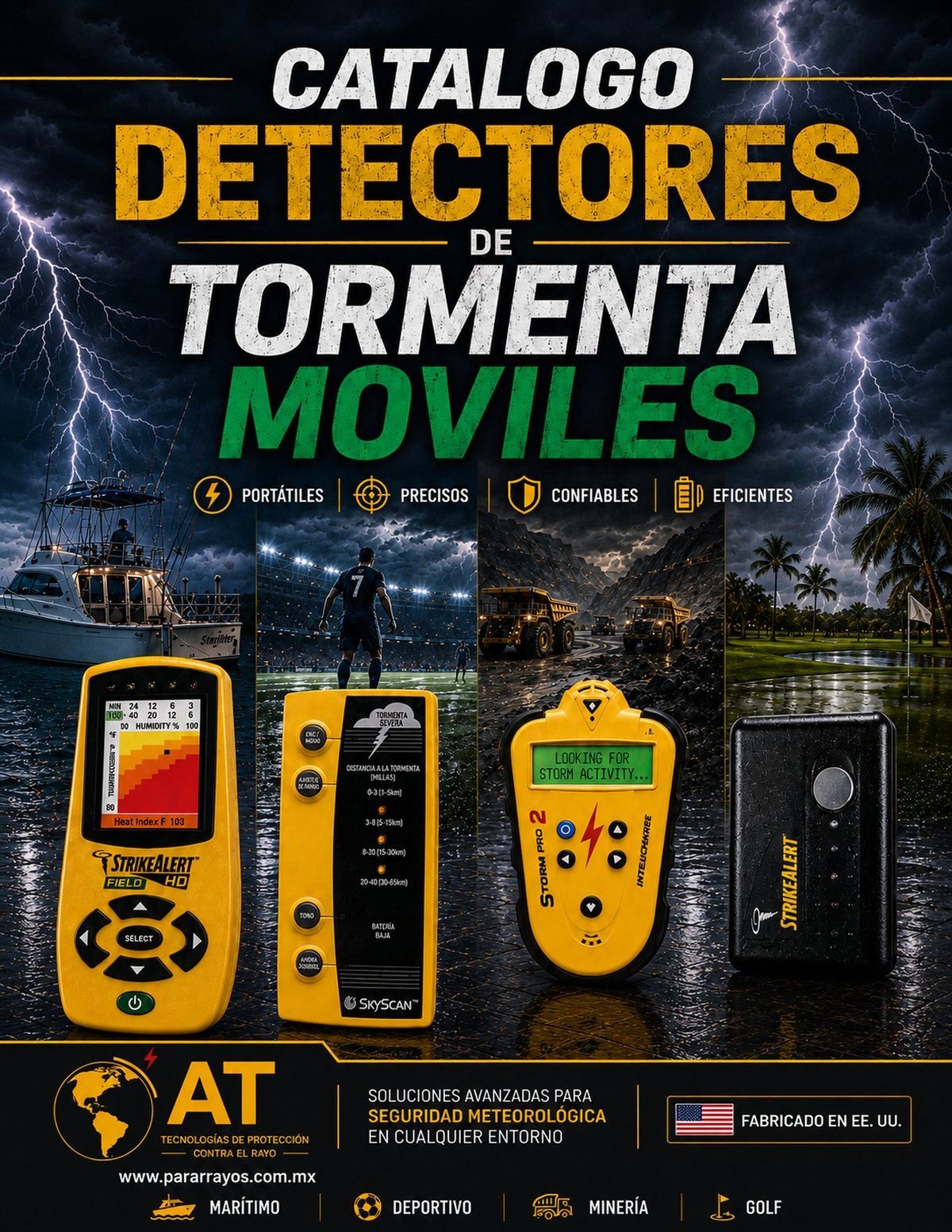 Portada del catálogo 2026 de detectores de tormenta móviles de AT Tecnologías