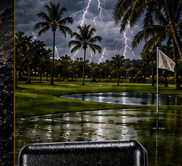 Campo de golf con rayos al fondo