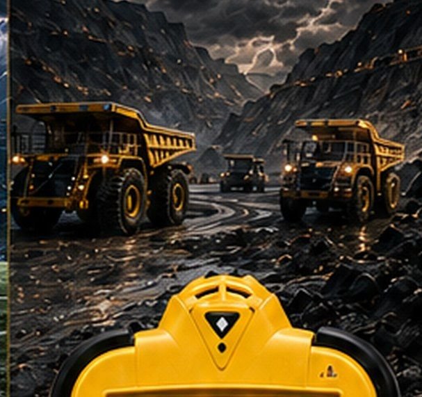 Camiones mineros en un tajo bajo tormenta