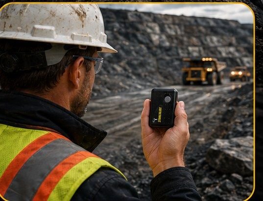 Trabajador de mina consultando el detector StrikeAlert