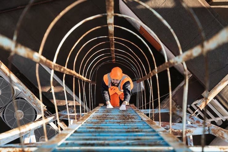 Operario con casco y chaleco reflectante ascendiendo por una escalera enjaulada en una planta industrial